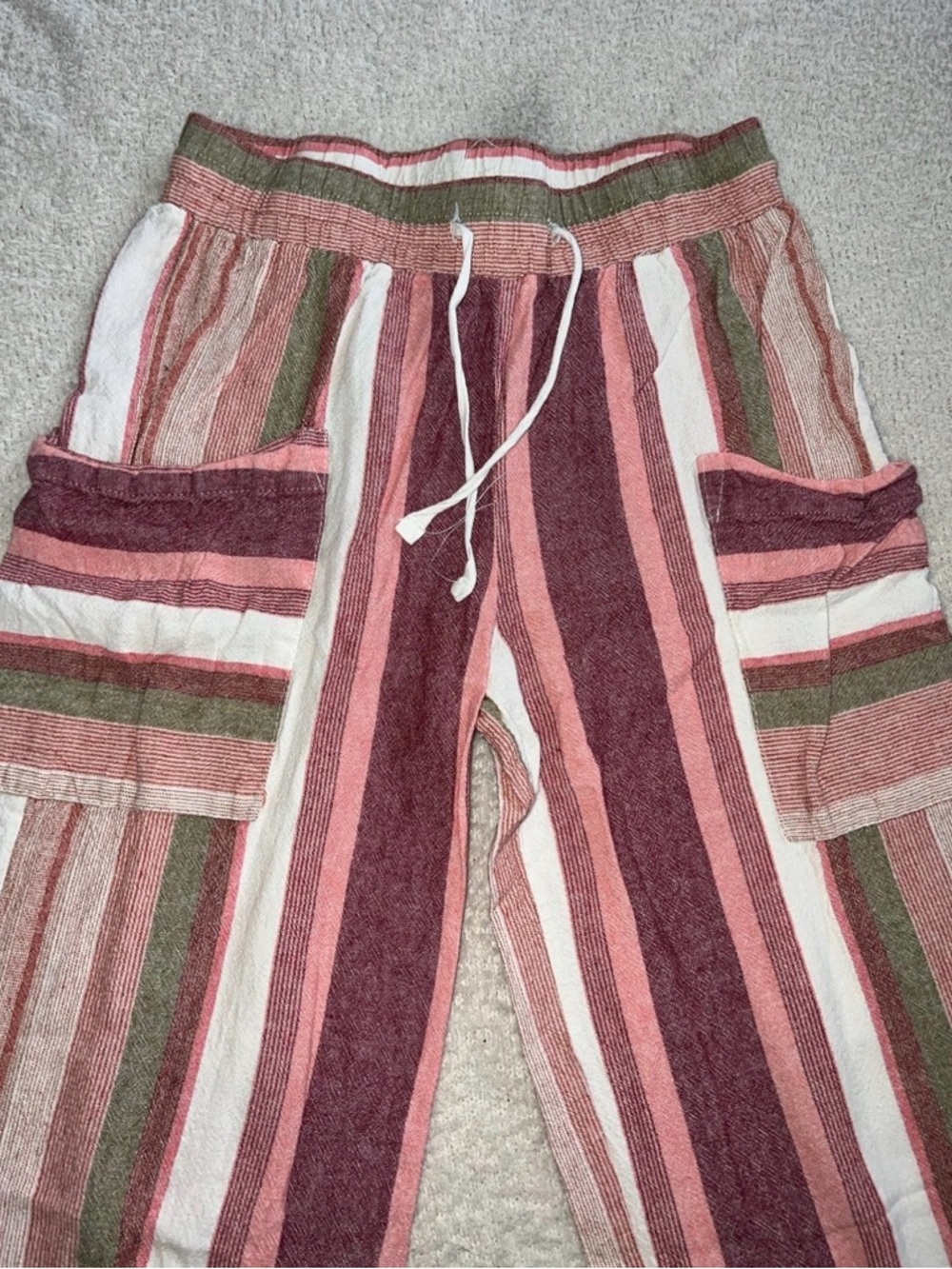 Striped Boot-Cut Drawstring Pants in Pink & Olive